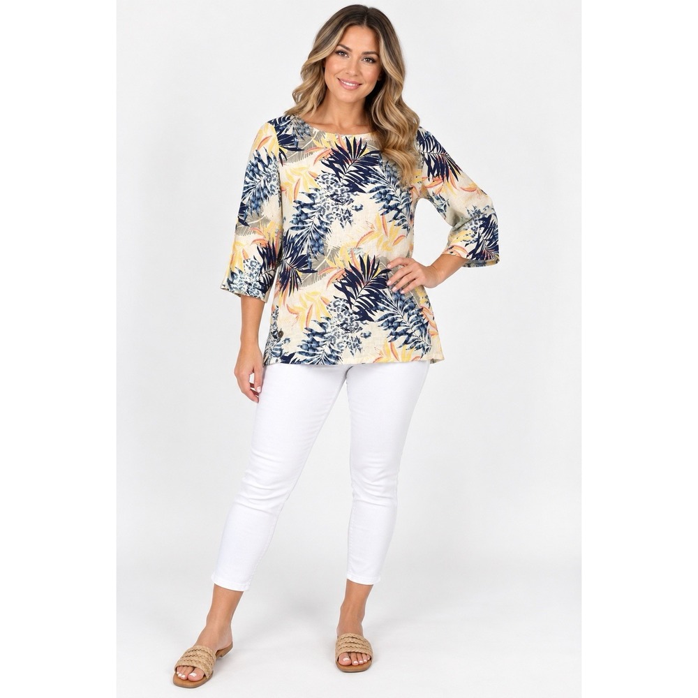 Chico's Size 2 L Linen Blouse Tropical Palm Leaf Print 3/4 Sleeve Coastal